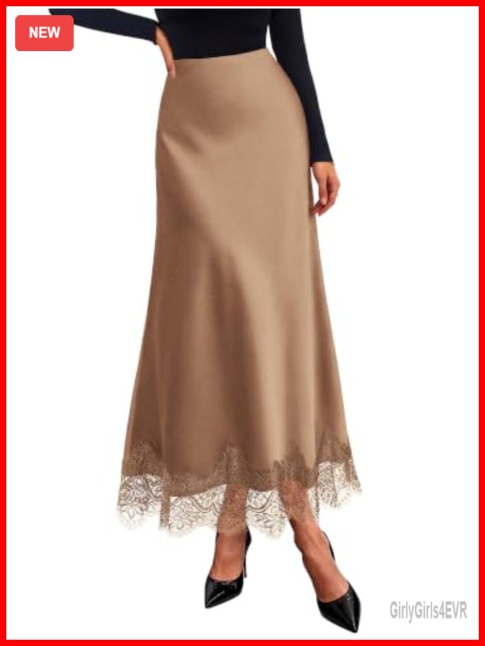 Satin A-Line Maxi Skirt High Waisted Lace Trim Ankle Length